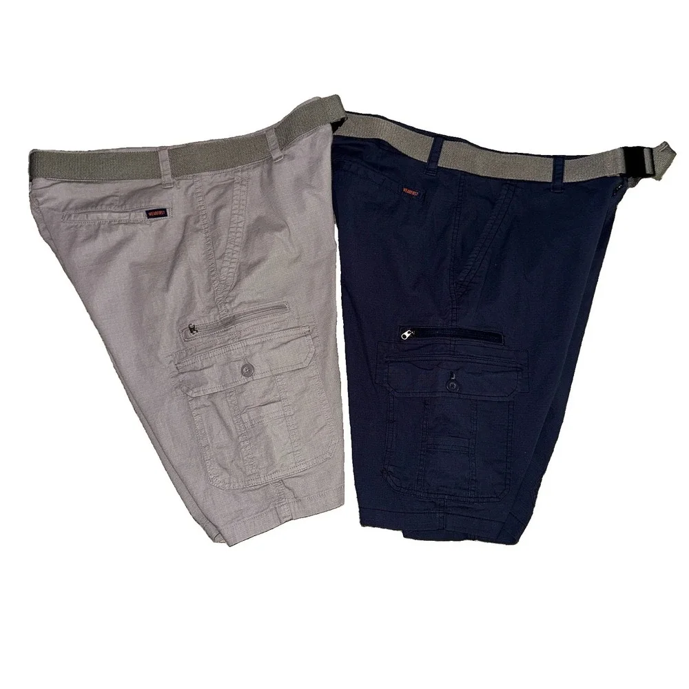 Wearfirst Mens Cargo Shorts 2 Pair Lot Belts Khaki Navy 36 Flex Waist 11